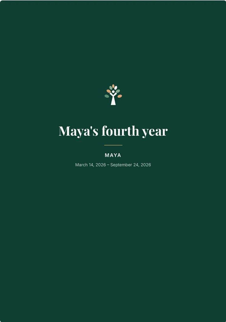 The cover of a memory book, Maya's fourth year, in forest green with the Grafiora tree mark.