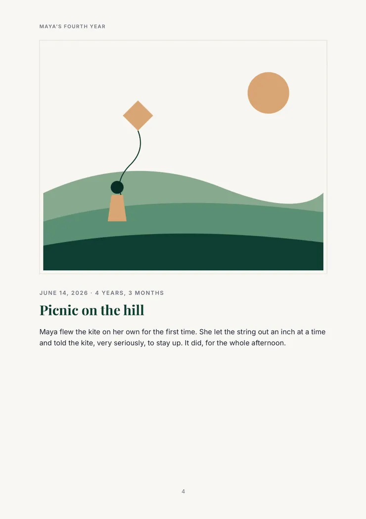 A page from the book: the photo from Picnic on the hill, the date with Maya's age, the title and the story.
