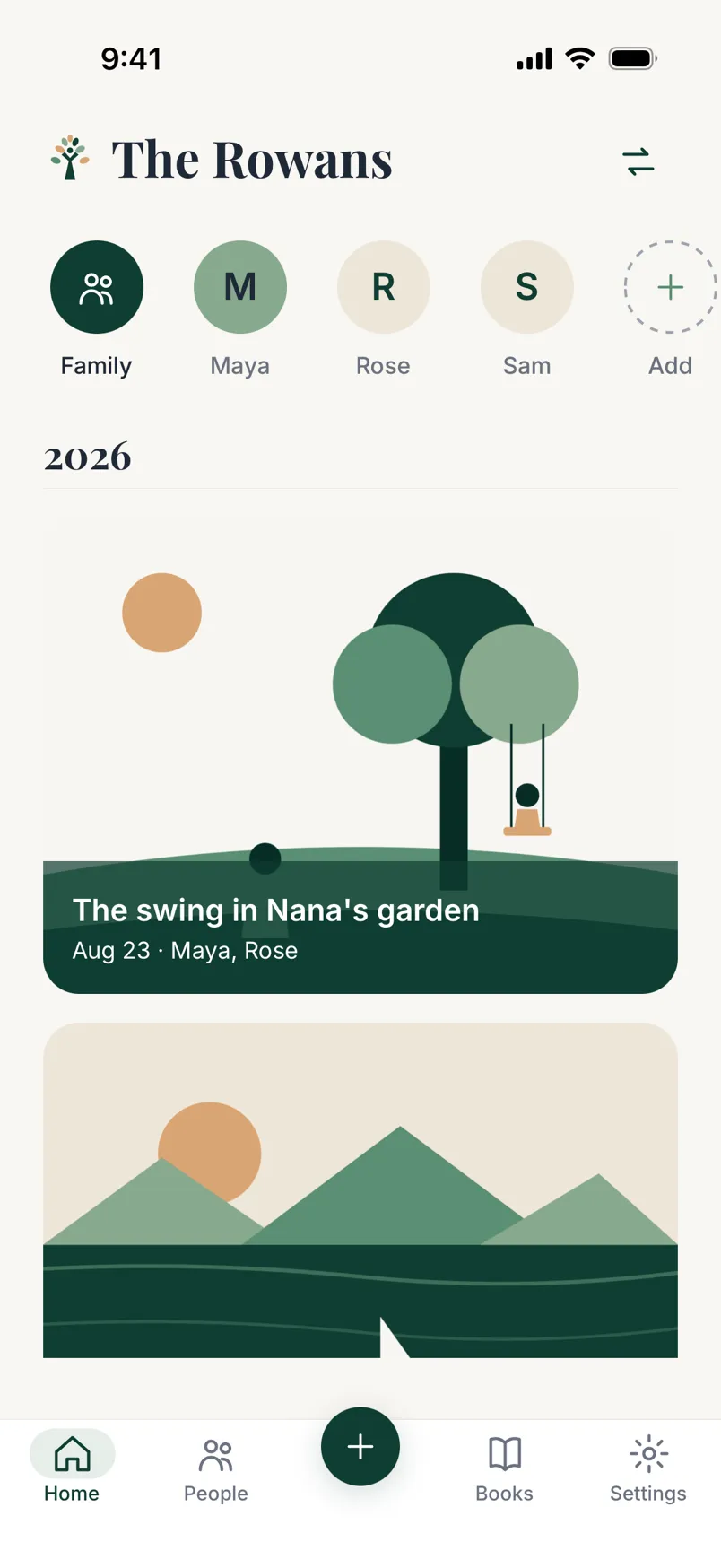 The Rowans' home in the app: a circle for the family and for each person along the top, then the photo memory The swing in Nana's garden, with Maya and Rose.