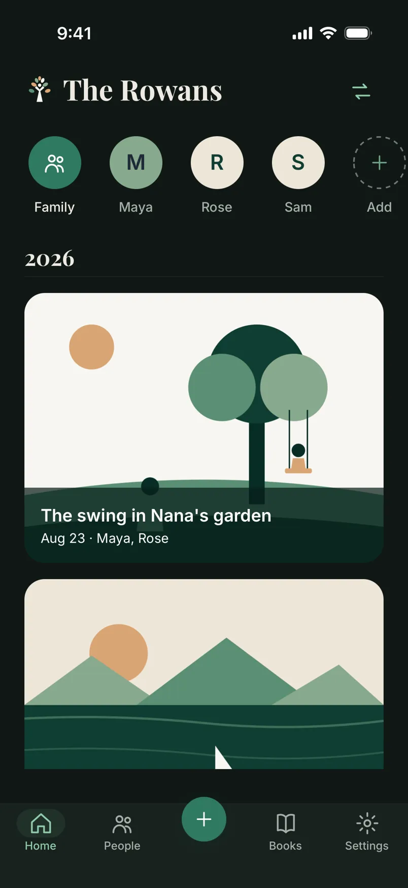 The Rowans' home in the app: a circle for the family and for each person along the top, then the photo memory The swing in Nana's garden, with Maya and Rose.