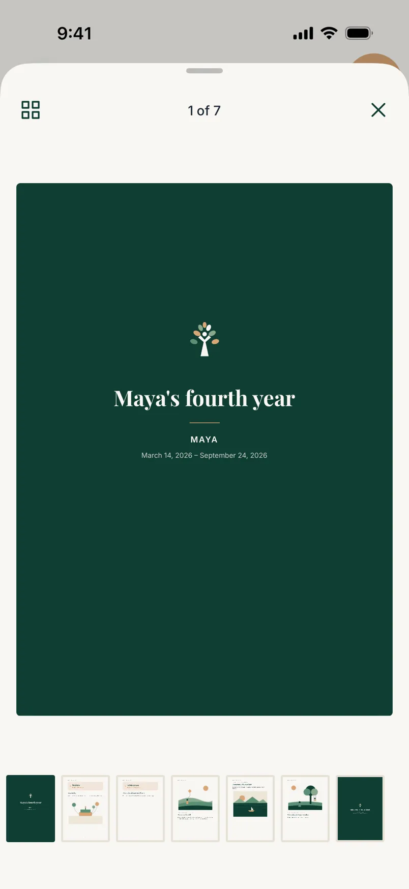 The book reader in the app, open on the cover of Maya's fourth year, with the book's seven pages in a row beneath.