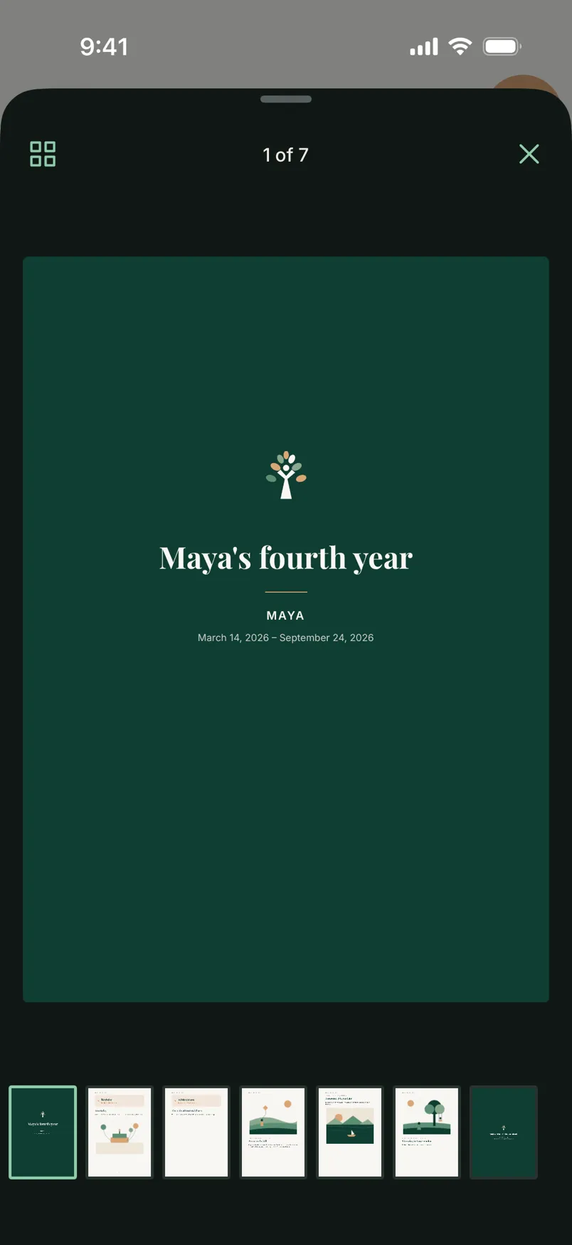 The book reader in the app, open on the cover of Maya's fourth year, with the book's seven pages in a row beneath.