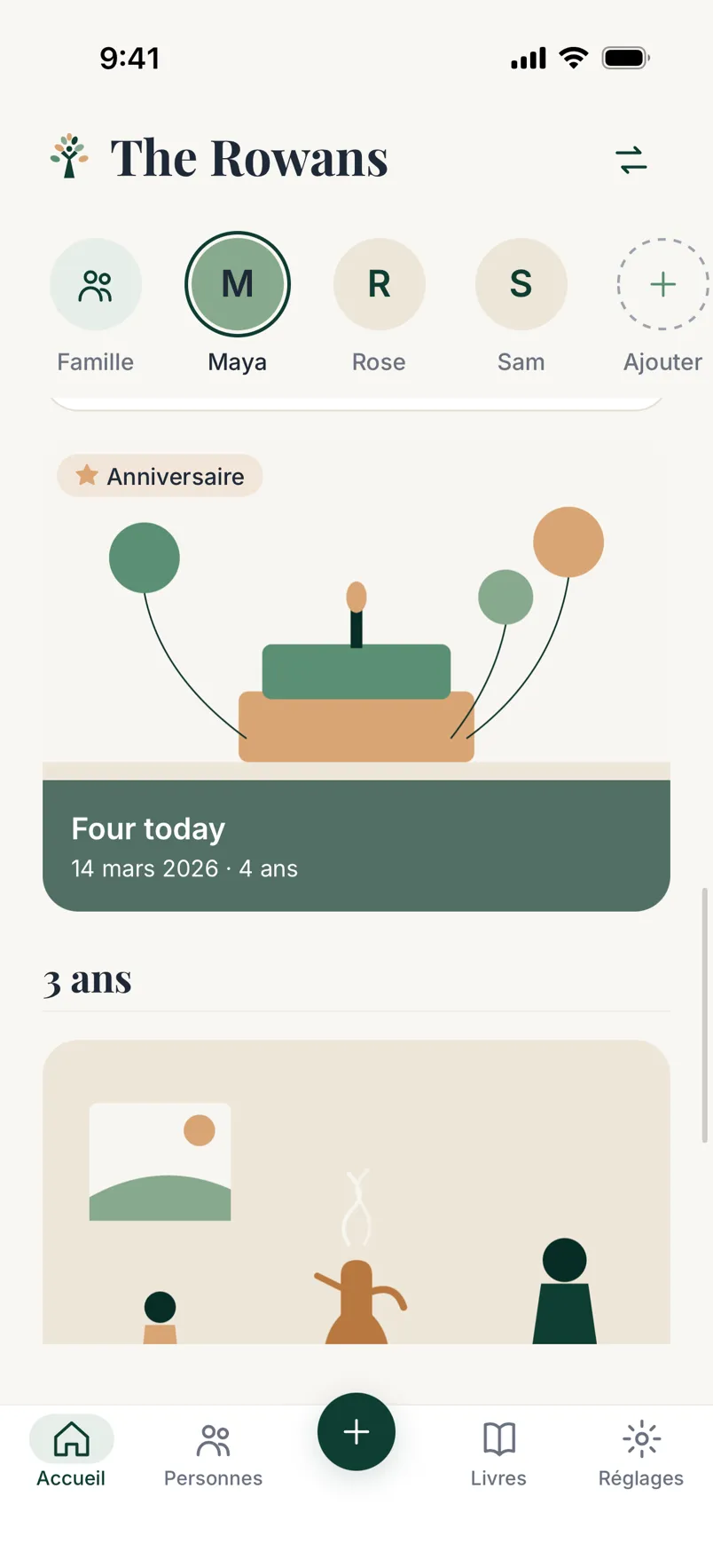 Maya's timeline in the app, in French: her fourth birthday, Four today, marked as a birthday with its photo, then the chapter for age three.
