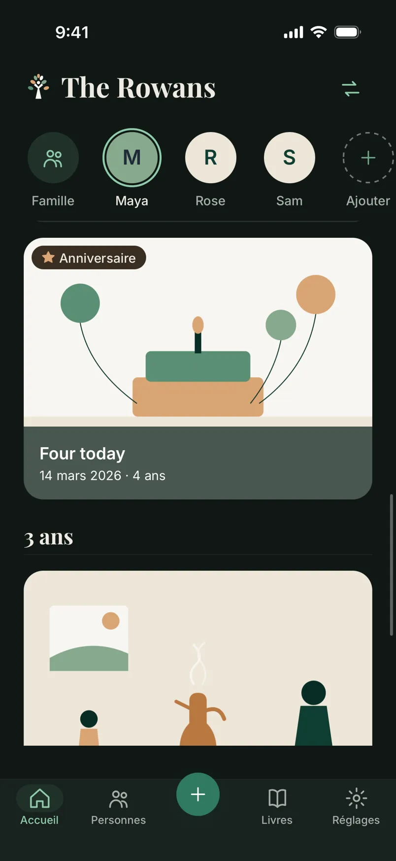 Maya's timeline in the app, in French: her fourth birthday, Four today, marked as a birthday with its photo, then the chapter for age three.